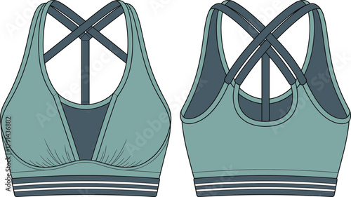 Sports bra vector design, teal activewear top, criss cross back straps, seamless fit, gym clothing, modern women’s fitness apparel illustration templatev