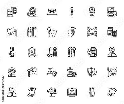 Dentist icon set. Dental vector icon pack. Featuringtooth, braces, dental dril, dentist chair, hygiene, mplants, mouthwash, floss nd more. Editable stroke.