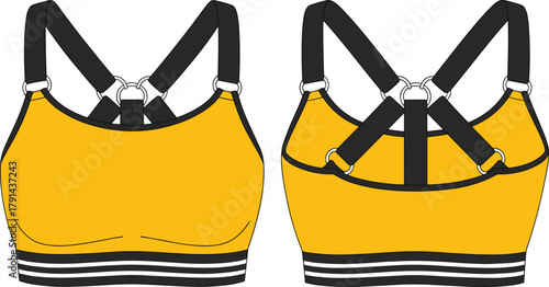 Yellow sports bra vector design, black strap activewear top, adjustable back support, women’s fitness wear, modern gym clothing illustration template