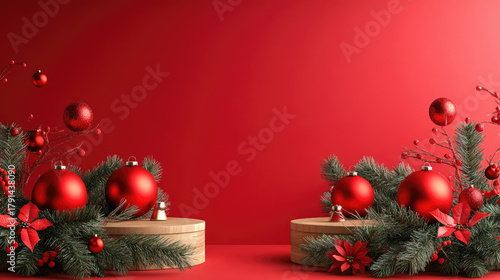 red ornaments christmas sale backdrop features realistic festive atmosphere around two decorated podiums