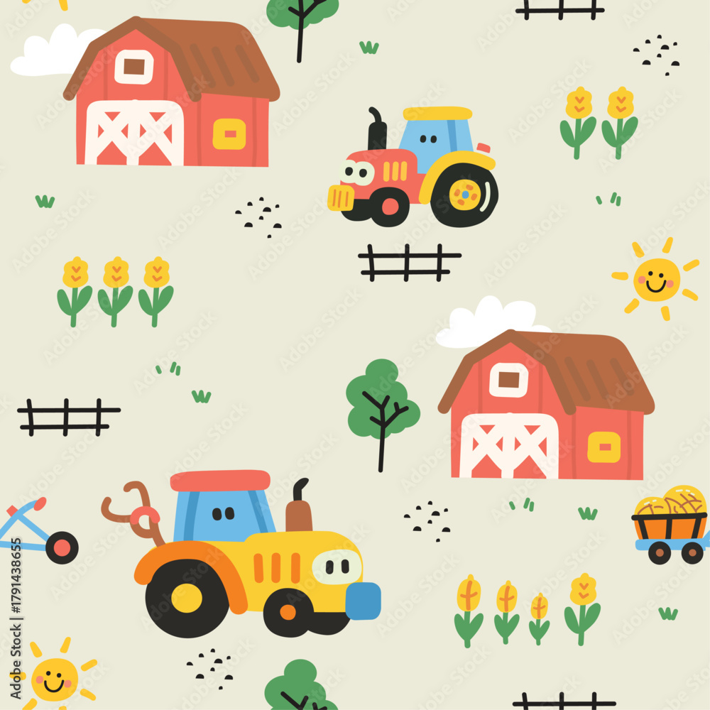 Fototapeta premium adorable tractor cartoon seamless pattern