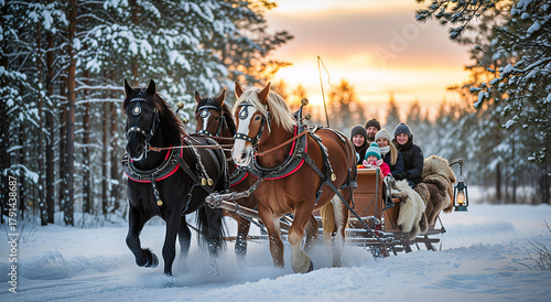 Horses pulling sleigh with happy family for winter holiday travel and Christmas tourism advertising