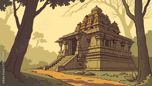 Ancient Dravidian Temple in Forest Illustration