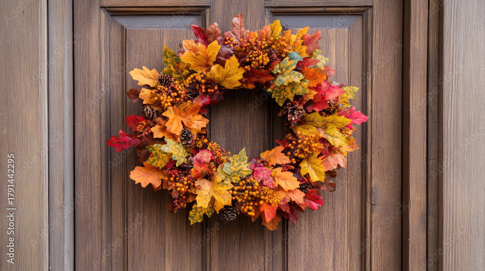 Fototapeta premium Rustic Handmade Autumn Wreath on Wooden Door