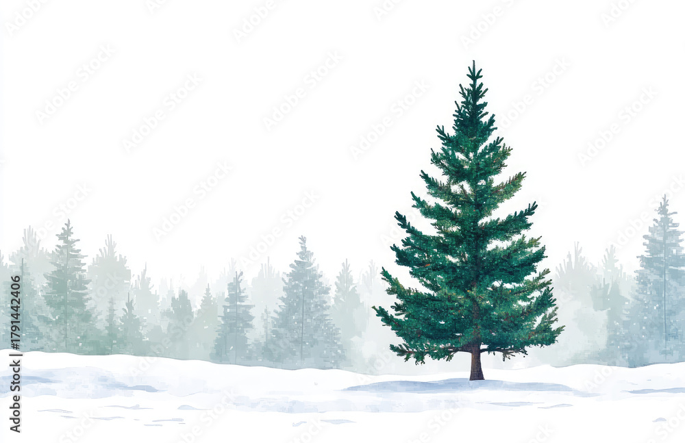 Fototapeta premium Landscape with christmas tree in snow winter forest background, Gradient effect isolated on white and transparent background, png