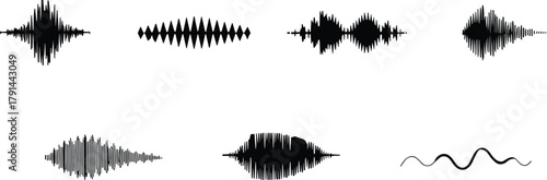 Audio waveform collection, sound waves, music signal shapes, voice frequencies, sound visualization, digital equalizer pattern, abstract sound design, audio spectrum art