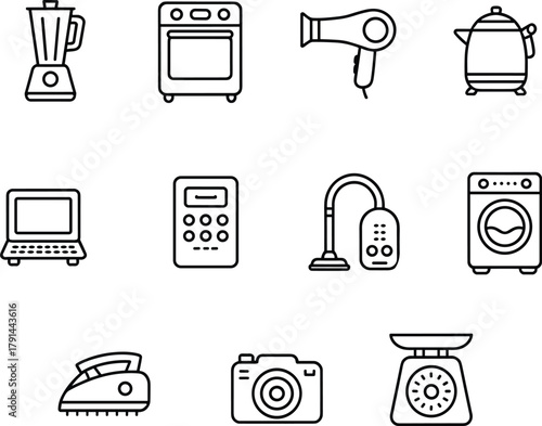 Home appliances icon set, electronic devices illustration, modern kitchen and household tools, technology line art, domestic equipment vector design