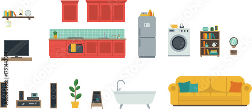 Home interior furniture set, modern kitchen appliances, living room and bathroom decor, flat vector illustration, household equipment and accessories design