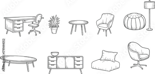 Modern furniture illustration set, minimalist interior decor elements, stylish chairs and tables, contemporary home accessories, hand-drawn sketch collection for design