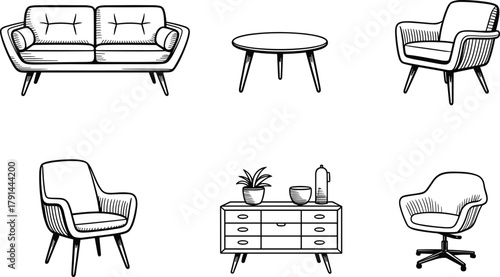 Modern furniture line art set, minimalist interior decor illustration, stylish chairs and sofa, contemporary table and cabinet design collection