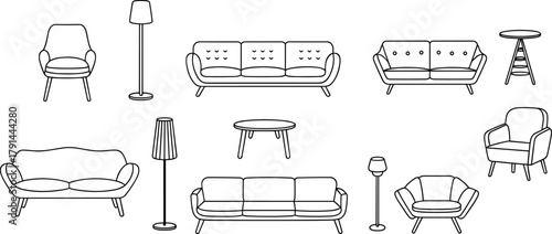 Modern living room furniture collection, minimalist sofa and armchair set, Scandinavian interior design elements, cozy home decor illustration, stylish furnishings