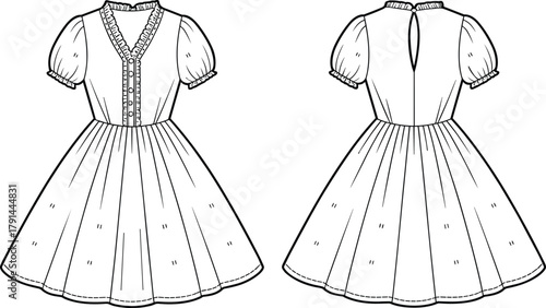 Vintage puff sleeve dress illustration, women’s ruffle collar dress, V-neck button front design, sewing pattern vector, elegant fashion template