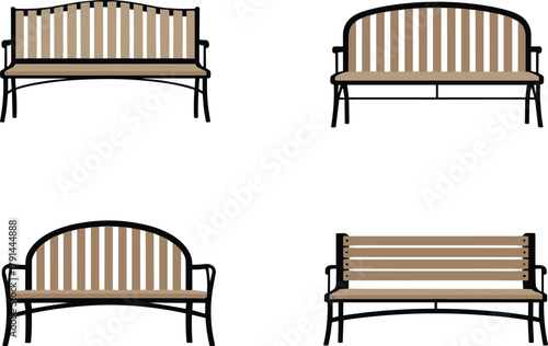 Wooden park benches collection, outdoor seating furniture, garden bench designs, public park furniture, metal frame benches, street furniture illustration