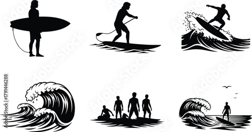 Surfing silhouettes vector illustration, paddleboarding activity design, ocean wave art, beach lifestyle recreation, summer holiday water sport, surfboard culture people graphic scene