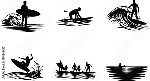 Surfing vector illustration set, ocean wave silhouettes, beach sport and sea adventure art, surfboard action poses, tropical summer lifestyle, water sports concept design