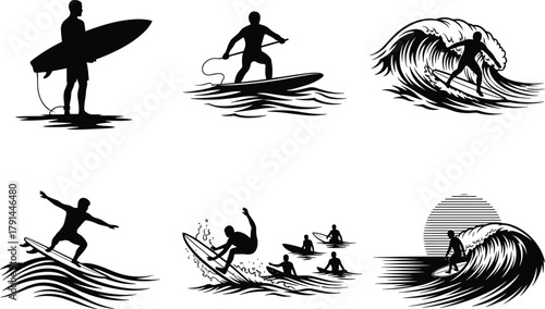 Surfing vector illustration collection, ocean wave silhouettes, beach sport design, summer adventure art, surfboard and surfer action poses, tropical sea lifestyle concept
