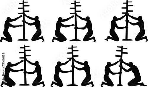 Surreal illusion, kneeling silhouettes, abstract human figures, symmetrical vector design, visual perception concept, cognitive art, optical trick, minimalist surreal composition