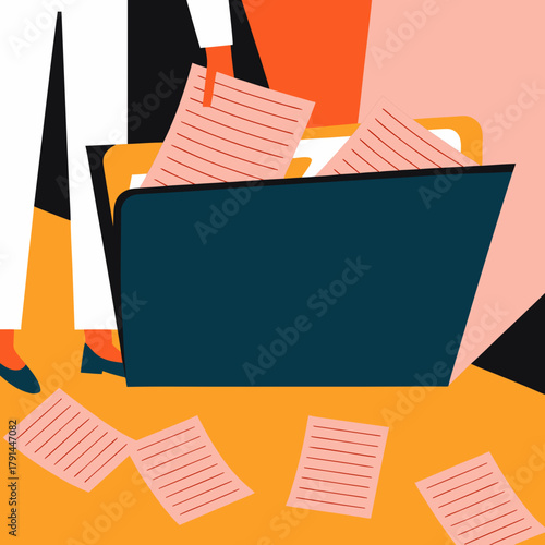 Document folder with scattered papers in a vibrant cartoon style