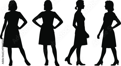 Woman silhouette set in different poses, standing and walking female figures vector illustration, fashion concept, people outline design, lifestyle and attitude art