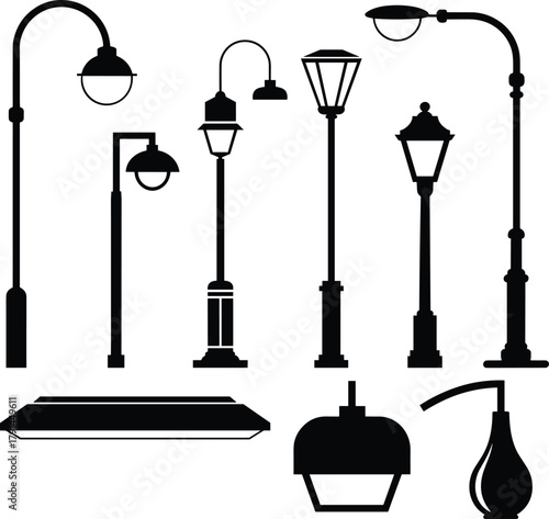 WebStreet lamp silhouette vector set, urban lighting icons, vintage and modern pole lights, decorative fixtures, black graphic elements, city design collection