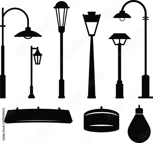 Street lamp silhouette vector set, urban lighting design elements, vintage and modern outdoor fixtures, black isolated icons for city architecture illustration