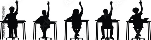 Student silhouette, classroom participation, raised hands learning, school desk vector, education concept, academic engagement, modern classroom scene, digital study environment, illustration