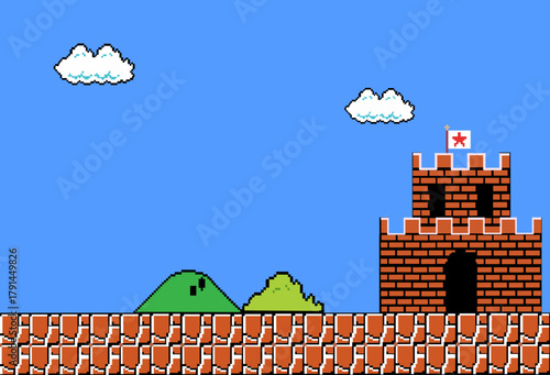 Nostalgic 8-bit video game landscape featuring a brick castle with a flag, green hills, pixelated clouds, and a classic blue sky. A retro gaming concept.