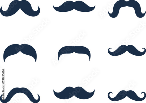 Stylized mustache vector set, dark blue silhouette icons, retro facial hair styles, hipster grooming elements, vintage barbershop design collection