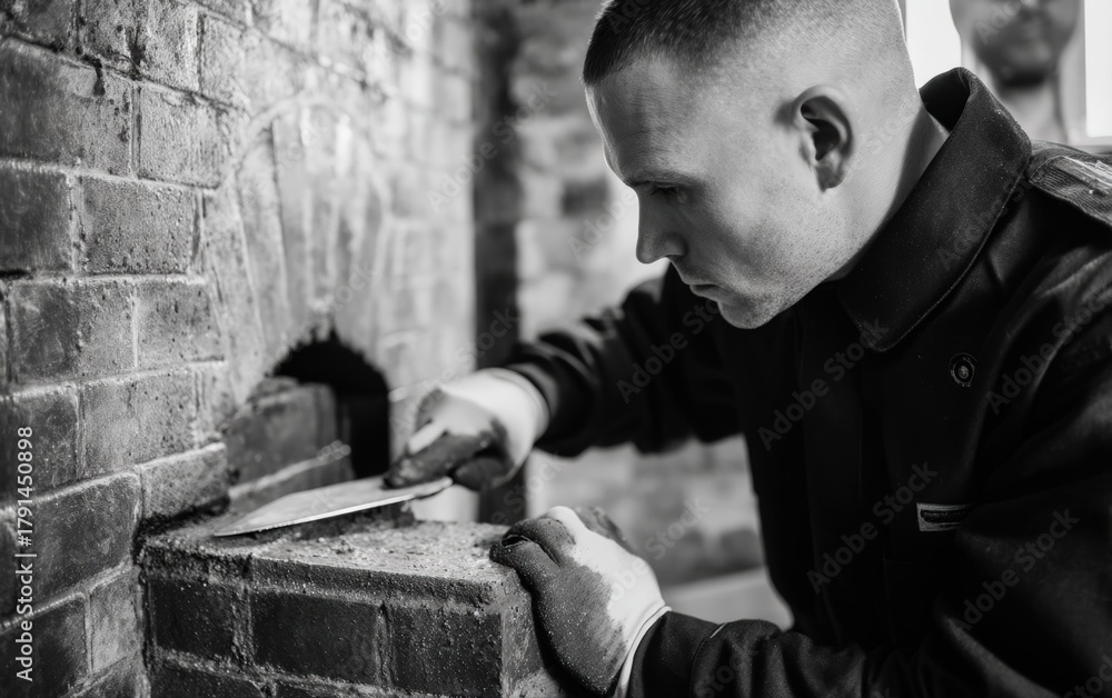 Fototapeta premium Black and white portrait of a technician in a navy uniform and gloves meticulously working on a brick structure, brick oven, close-up shot