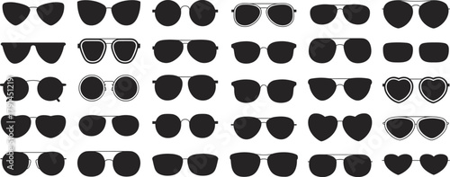 Sunglasses silhouette collection vector, various eyewear shapes and styles, fashion accessory design set, black sunglasses icons, modern eyewear illustration isolated on white background
