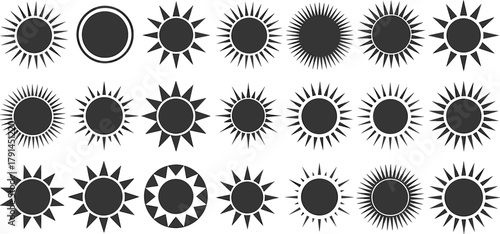 Stylized sun icon set, black vector sunburst collection, abstract solar symbols, decorative sun rays, minimal graphic elements, radial sun shapes