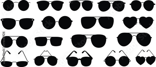 Sunglasses silhouette collection, trendy eyewear shapes, fashion accessory vector, stylish glasses design, black outline frames, modern optical illustration, icon set