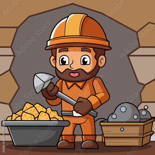 Cartoon Miner Holding Pickaxe While Mining Gold Ore