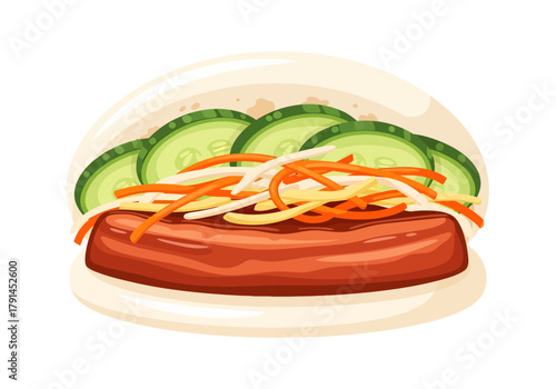 An appetizing vector illustration of a traditional Taiwanese gua bao steamed bun filled with savory glazed meat, fresh cucumber slices, and shredded carrots, isolated on a clean white background