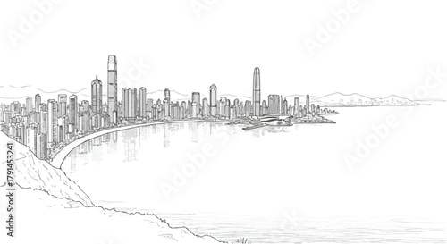 Minimal seaside skyline sketch with simplified vertical towers emerging softly along the calm coastal horizon line.