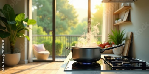 Serene morning kitchen scene featuring a pot of steaming liquid on a modern gas stove, bathed in sunlight streaming through a large window overlooking a tranquil garden