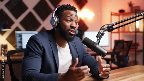 Man Talking Into Microphone Wearing Headphones in Studio