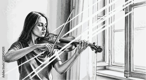 Expressive monochrome sketch of a young violinist performing in bright studio light with strong directional line shading.