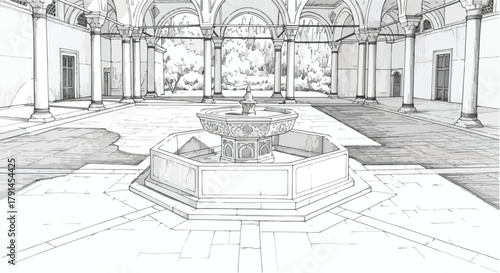 Architectural courtyard sketch featuring classical arches, stone columns and a central fountain arranged symmetrically.