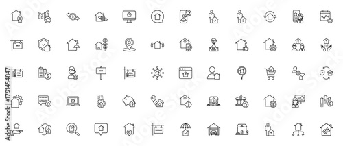 Real Estate icon set. Vector illustration. Includes ymbols for home, property,investment, agent, loan, lcation, search, insurance nd more. Editable stroke.