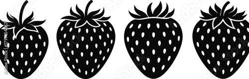 Strawberry fruit silhouette vector illustration, fresh berry collection design, organic food symbol, minimal strawberry icons set, healthy nutrition concept, natural summer fruit art