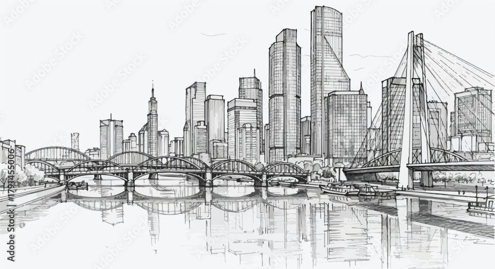 Fototapeta premium Architectural riverside skyline sketch featuring tall modern towers rising along a reflective waterfront with clean linear detailing.