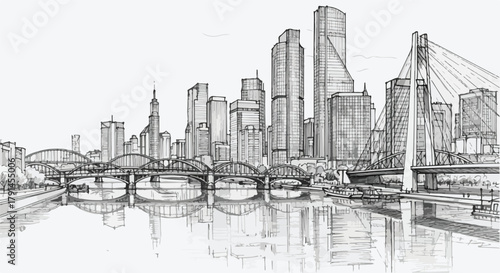 Architectural riverside skyline sketch featuring tall modern towers rising along a reflective waterfront with clean linear detailing.