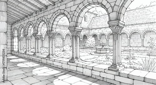 Historic stone corridor sketch with arches, columns and patterned floor tiles creating rhythmic architectural repetition in perspective.