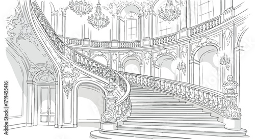 Decorative staircase sketch with ornate railings, arching structures and botanical elements reminiscent of classical interior design.
