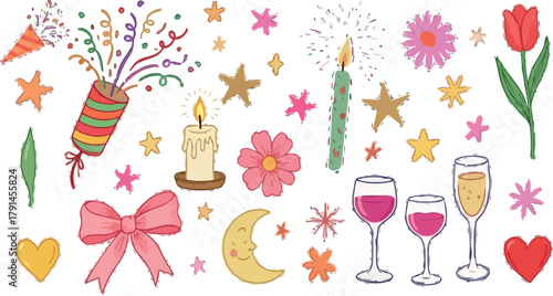 Party Celebration Element Collection | Hand Drawn Festive Doodle Set with Confetti, Drinks, and Decorative Symbols for Greetings and Event Design
