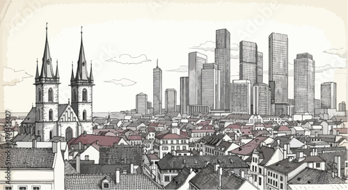 Cityscape sketch blending historic cathedral forms with modern towers rising behind dense urban rooftops.