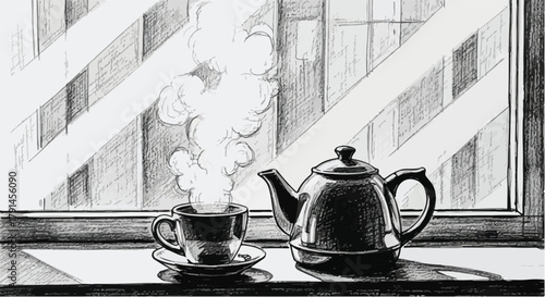 Still-life window scene featuring teapot and cup emitting steam with bright vertical reflections across glass surface.