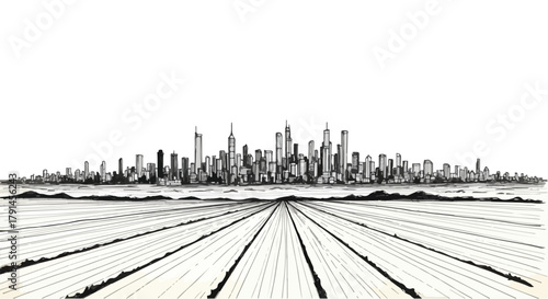 Minimal city skyline sketch with long horizontal lines extending toward distant clustered towers on flat horizon.