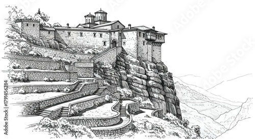 Mountain fortress sketch perched high on rugged cliffs with winding pathways leading toward ancient stone architecture.